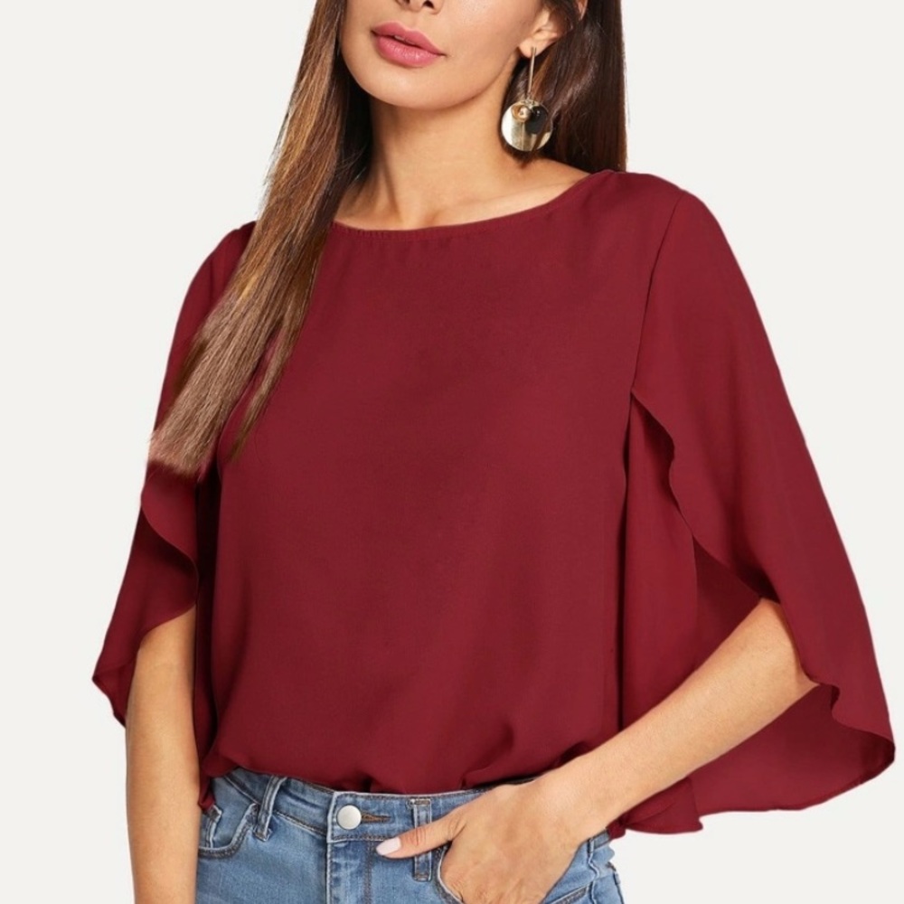 red/ maroon flowy cape sleeve blouse